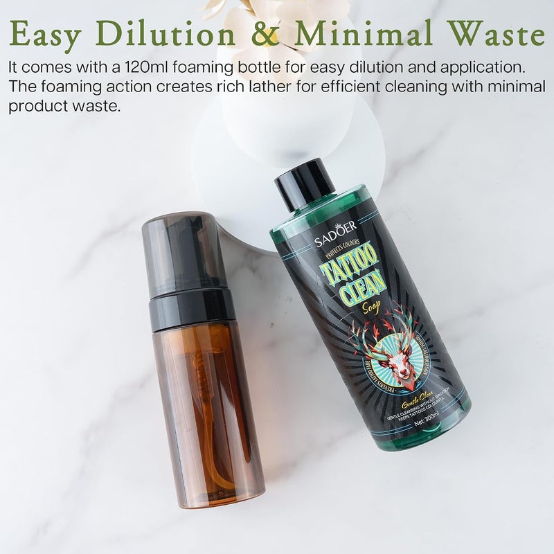 SADOER Ultra-Concentrated Tattoo Green Soap 10oz with Foaming Bottle 120ml, 1:10 Dilution Tattoo Soap Supplies for Tattoos Piercings, Clean Skin Equipment - Image 3