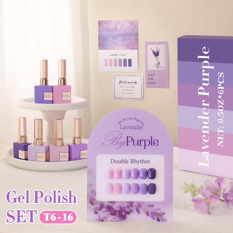 Double Rhythm 6 Pcs 15 ML Gel Polish Set Same Color Same Bottle Soak Off Gel Polish Kit Nail Art Manicure Salon DIY at Home for Women (Light Dark Purple Violet Rose Pink-T6-16) - Image 3