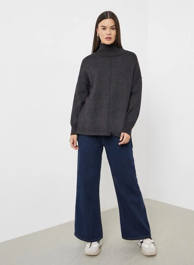 Styli Black Turtle Neck Relaxed Fit Knit Top