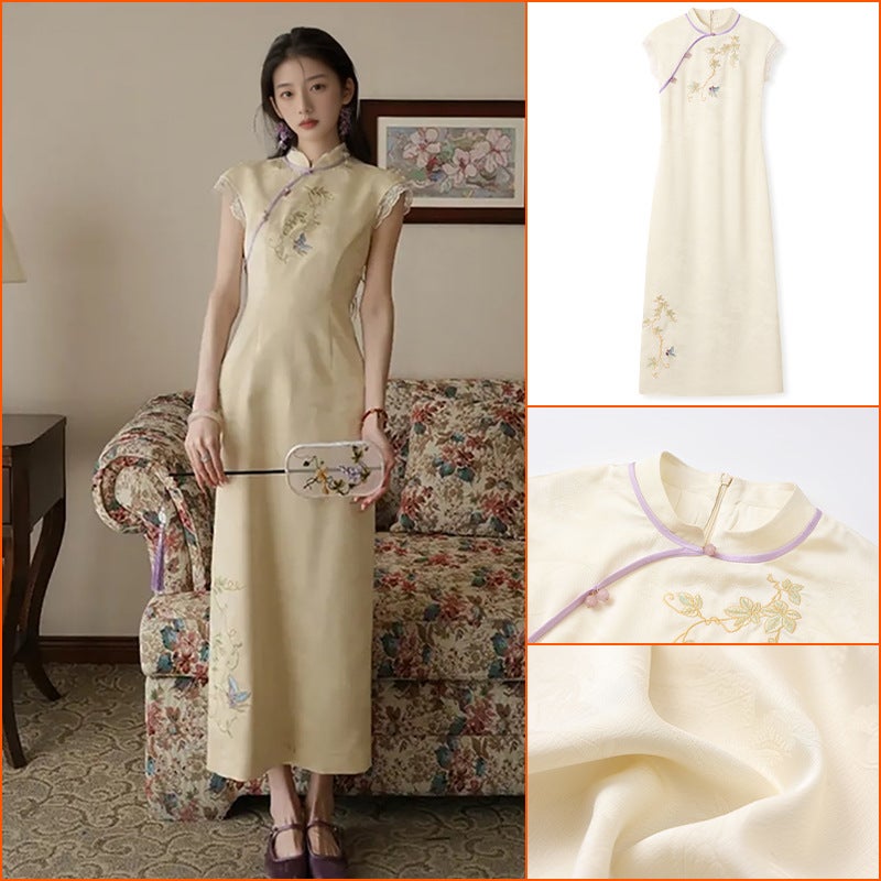 New Chinese Style Embroidered Cheongsam Dress with Stand Collar and Flutter Sleeves - Image 2