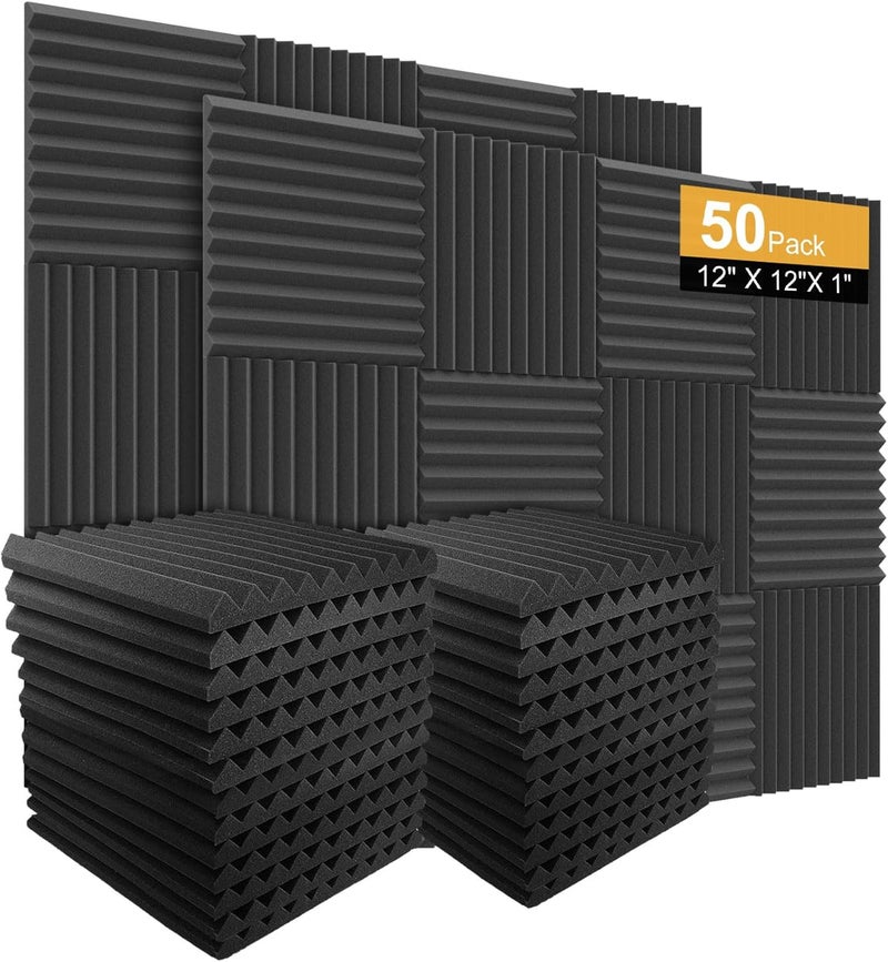 Burdurry 50 Pack Acoustic Panels Soundproof Studio Foam for Walls Sound Absorbing Panels Sound Insulation Wedge for Studio, 1" X 12" X 12" (Black) - Image 1