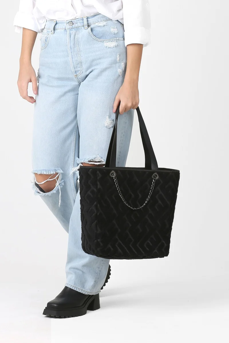 هامور Dough Women's Fabric Hand and Shoulder Bag Maze Black Fur Plush Knitted Handbag