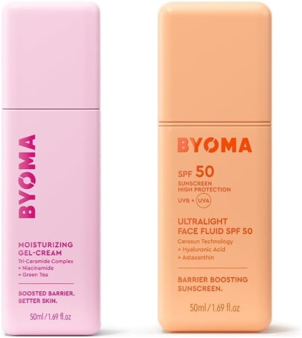 BYOMA Hydrate Protect Duo Moisturising Gel Cream 50ml and SPF 50 Face Fluid 50ml Lightweight Oil Free Moisturiser with Barrier Repair Ultra Lightweight Facial Sunscreen for All Skin Tones