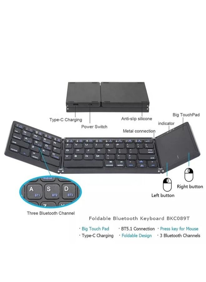 Foldable Bluetooth Keyboard,Tri- Folding Portable Wireless Keyboard with Touchpad,USB Rechargable BT Wireless Keyboard for Android, Windows System Laptop Tablet Smartphone,Sync up to 3 Devices (White)