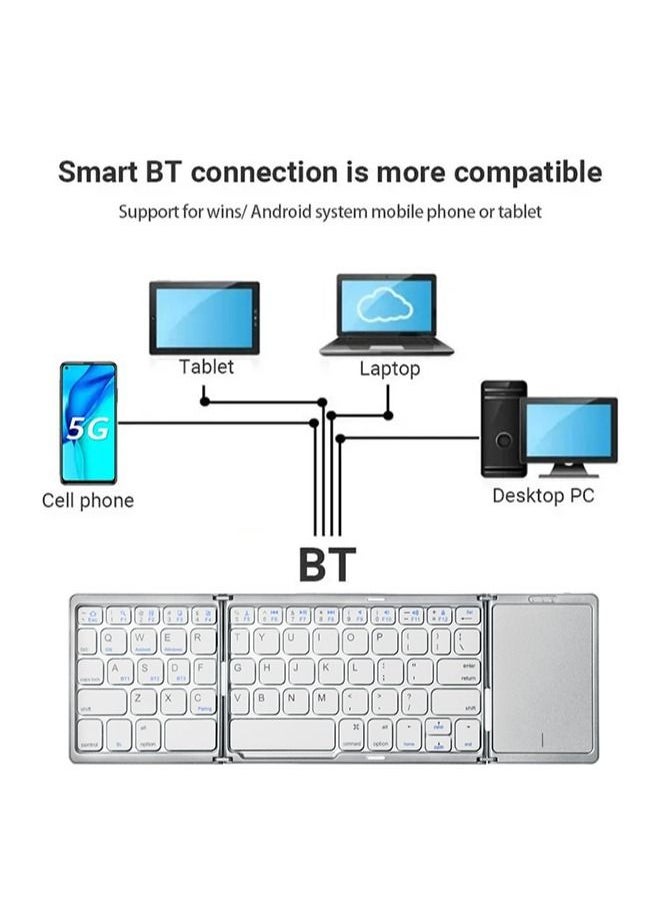 Foldable Bluetooth Keyboard,Tri- Folding Portable Wireless Keyboard with Touchpad,USB Rechargable BT Wireless Keyboard for Android, Windows System Laptop Tablet Smartphone,Sync up to 3 Devices (White)