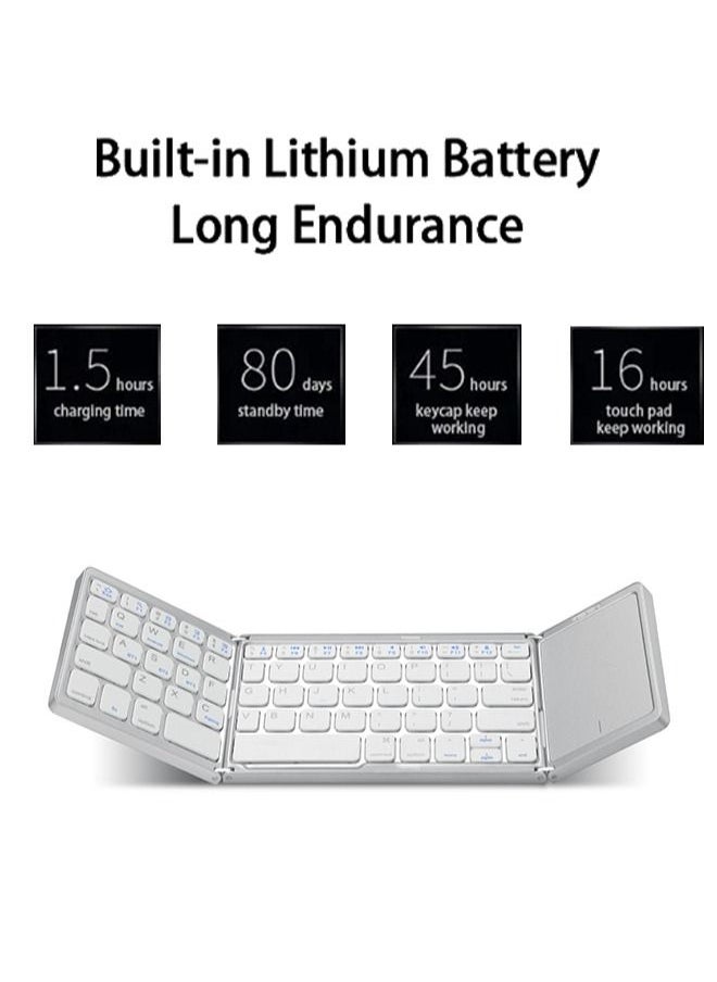 Foldable Bluetooth Keyboard,Tri- Folding Portable Wireless Keyboard with Touchpad,USB Rechargable BT Wireless Keyboard for Android, Windows System Laptop Tablet Smartphone,Sync up to 3 Devices (White)