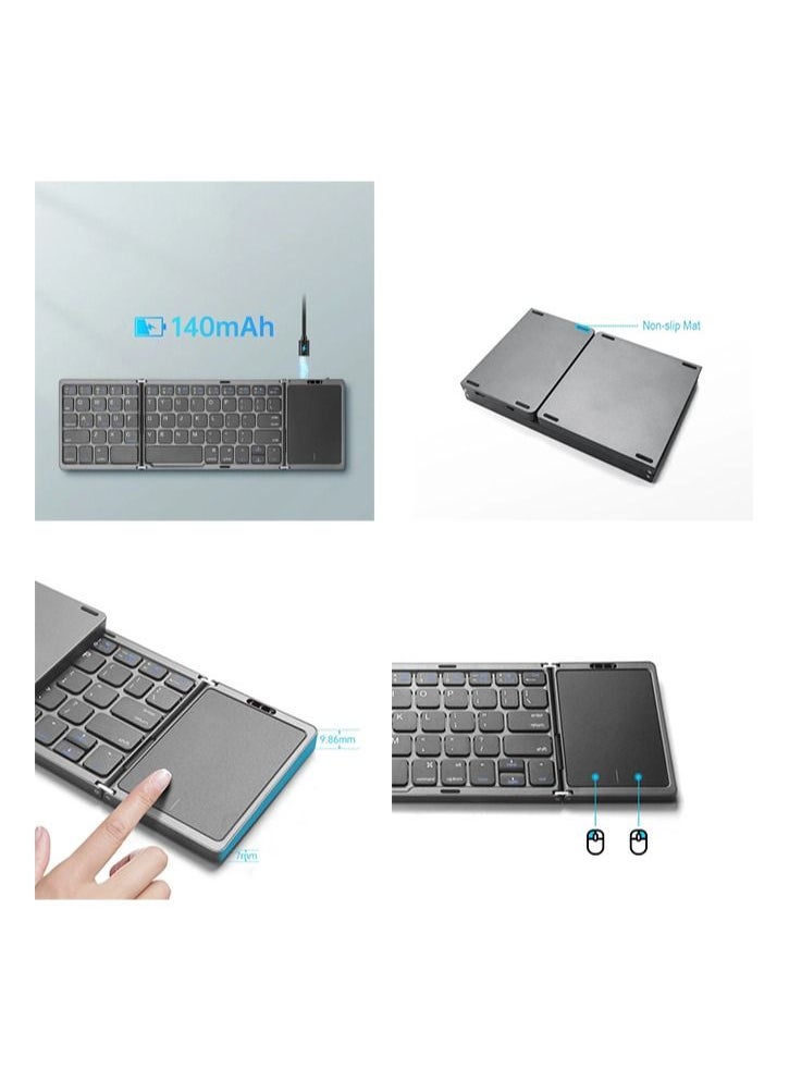 Foldable Bluetooth Keyboard,Tri- Folding Portable Wireless Keyboard with Touchpad,USB Rechargable BT Wireless Keyboard for Android, Windows System Laptop Tablet Smartphone,Sync up to 3 Devices (White)