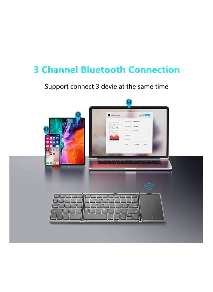 Foldable Bluetooth Keyboard,Tri- Folding Portable Wireless Keyboard with Touchpad,USB Rechargable BT Wireless Keyboard for Android, Windows System Laptop Tablet Smartphone,Sync up to 3 Devices (White)