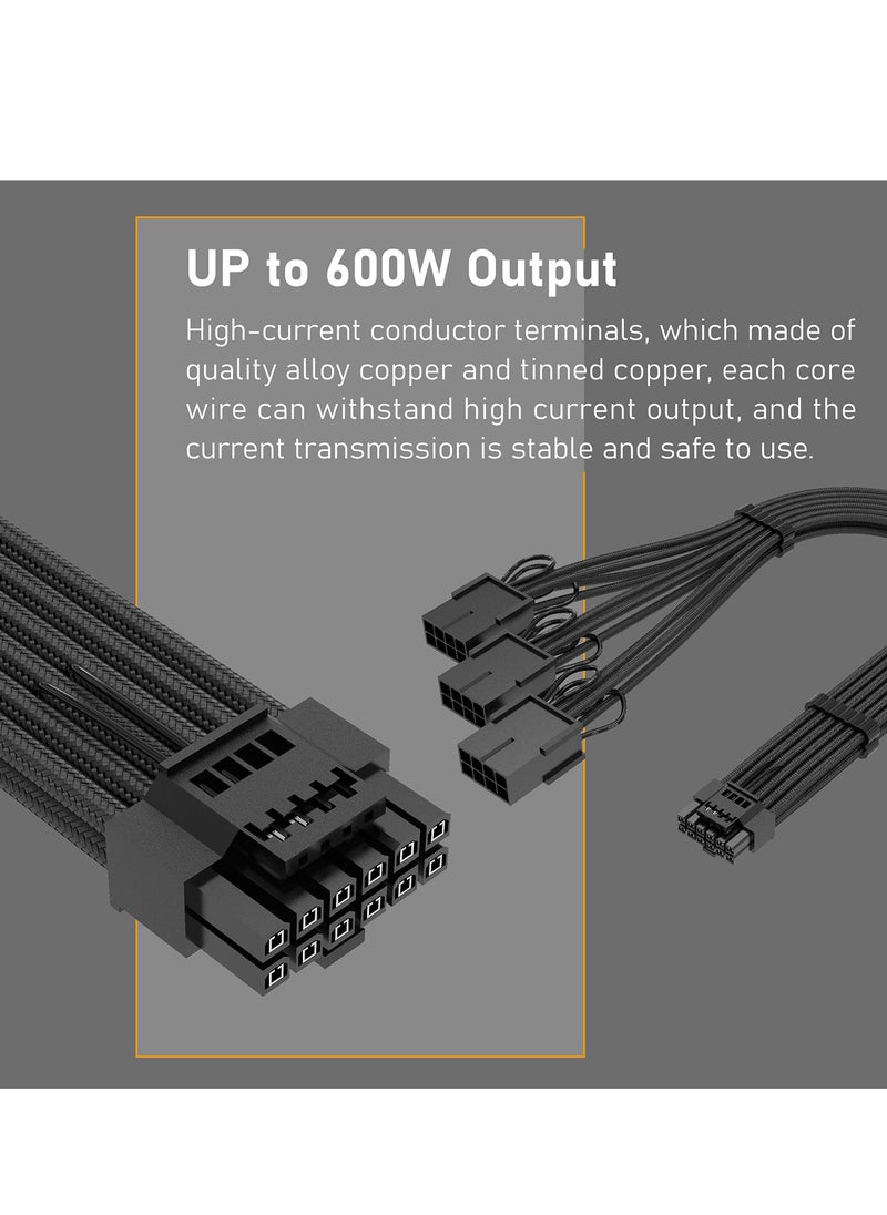 Y&D - PCI-E 5.0 Extension Cable 30cm/1ft 16 Pin(12+4) Male to PCIE 3x8Pin(6+2) Female Sleeved with 4 Combs 12VHPWR 16AWG Compatible for GPU RTX 3090Ti 4070Ti 4080 4090, Black - Image 1
