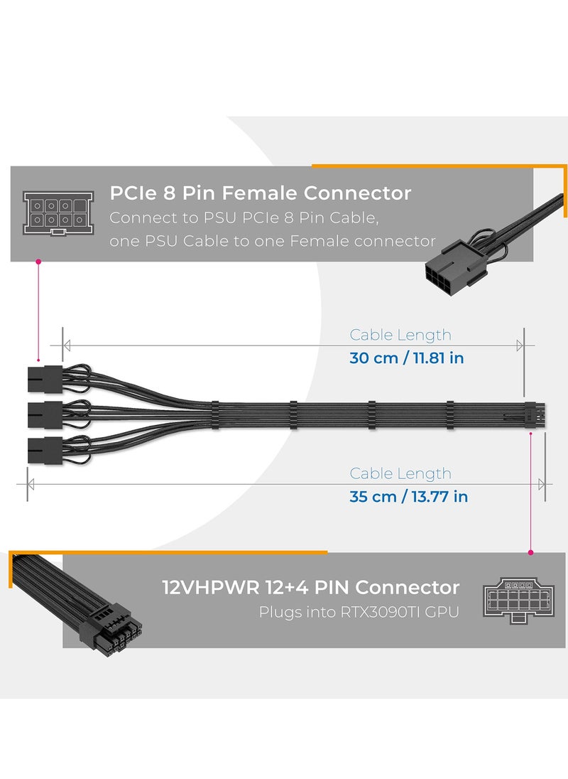 Y&D - PCI-E 5.0 Extension Cable 30cm/1ft 16 Pin(12+4) Male to PCIE 3x8Pin(6+2) Female Sleeved with 4 Combs 12VHPWR 16AWG Compatible for GPU RTX 3090Ti 4070Ti 4080 4090, Black - Image 1