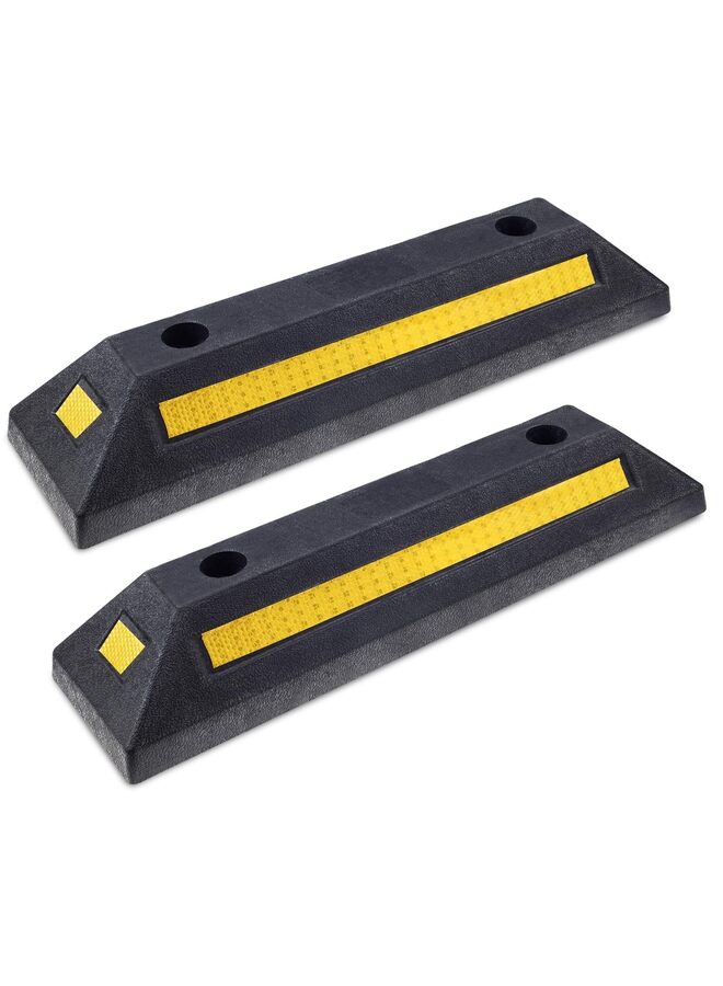 قطعتان من حواجز مطاطية سوداء متينة لوقوف السيارات مع خطوط عاكسة صفراء، مصدات لعجلات السيارات والشاحنات والعربات المتنقلة والمقطورات والمرآب. - Image 1