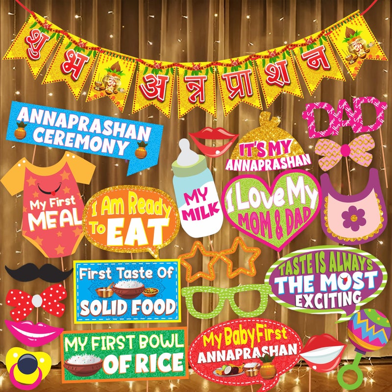 Wobbox Shubh Annaprashan Decoration Items Set which Includes Baby annaprashan Ceremony Props, Subh Annaprashan Banner, Rice Light Decoration, Rice Ceremony Decorations Items(27 Pcs Set)(FP5709) - Image 1