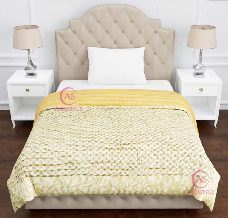 AUROSTYLE Rajasthani Cotton Filled Light Weight Silk Soft Jaipuri AC Quilt/Razai Dohar Over All Floral Print Design with Gold Print Quilts Blankets for Home (Light Yellow Butti Print, Double Bed) - Image 3
