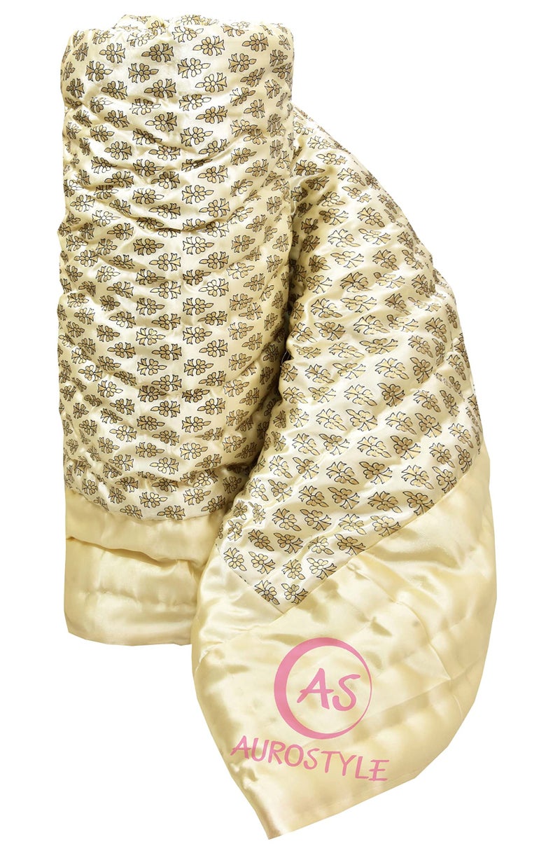 AUROSTYLE Rajasthani Cotton Filled Light Weight Silk Soft Jaipuri AC Quilt/Razai Dohar Over All Floral Print Design with Gold Print Quilts Blankets for Home (Light Yellow Butti Print, Double Bed) - Image 4