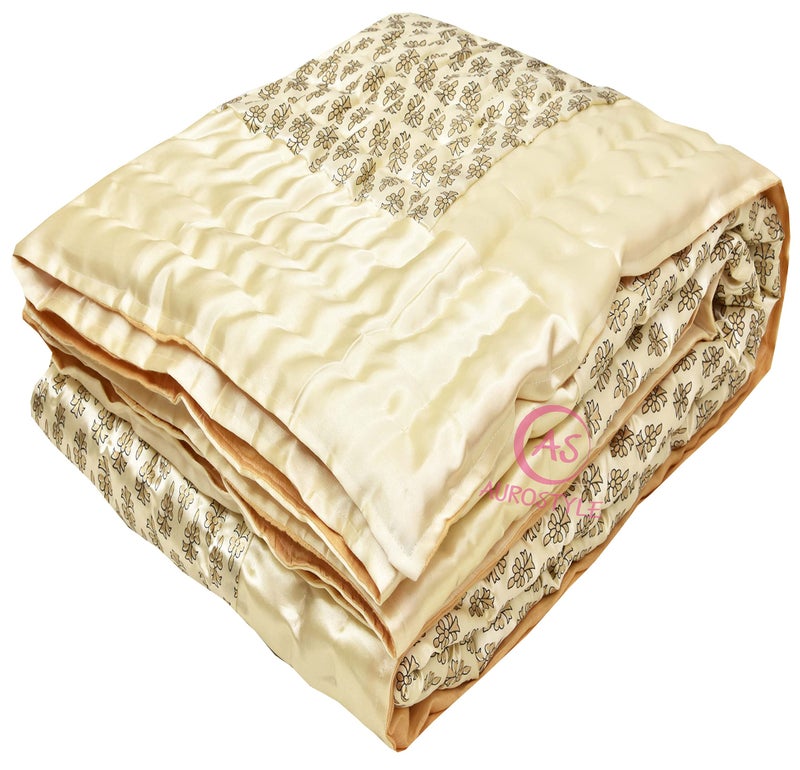 AUROSTYLE Rajasthani Cotton Filled Light Weight Silk Soft Jaipuri AC Quilt/Razai Dohar Over All Floral Print Design with Gold Print Quilts Blankets for Home (Light Yellow Butti Print, Double Bed) - Image 1