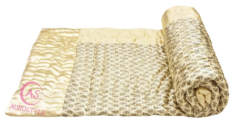 AUROSTYLE Rajasthani Cotton Filled Light Weight Silk Soft Jaipuri AC Quilt/Razai Dohar Over All Floral Print Design with Gold Print Quilts Blankets for Home (Light Yellow Butti Print, Double Bed) - Image 5