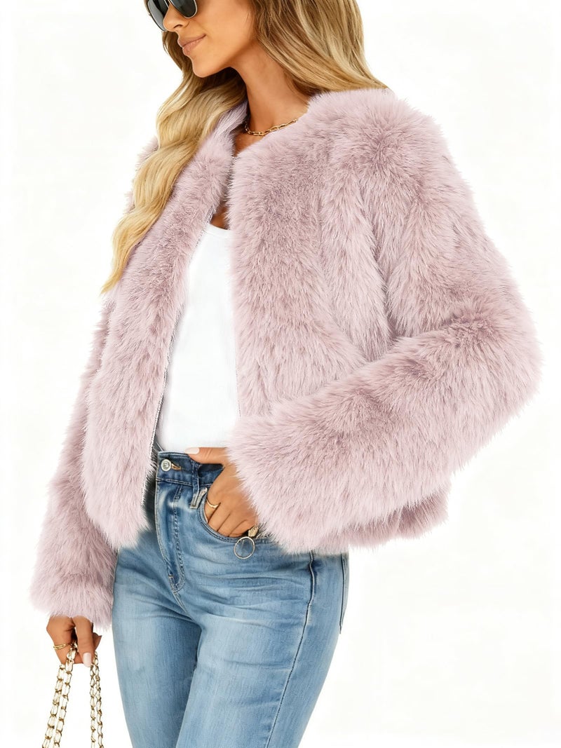 Funlingo Womens Winter Faux Fur Coat Warm Long Sleeve Zip Up Cropped Shaggy Jacket Trendy Cute Overcoat Pink S - Image 3