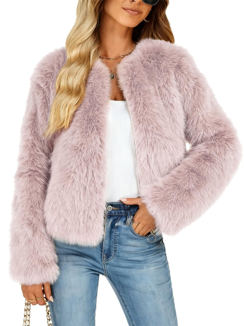 Funlingo Womens Winter Faux Fur Coat Warm Long Sleeve Zip Up Cropped Shaggy Jacket Trendy Cute Overcoat Pink S - Image 1