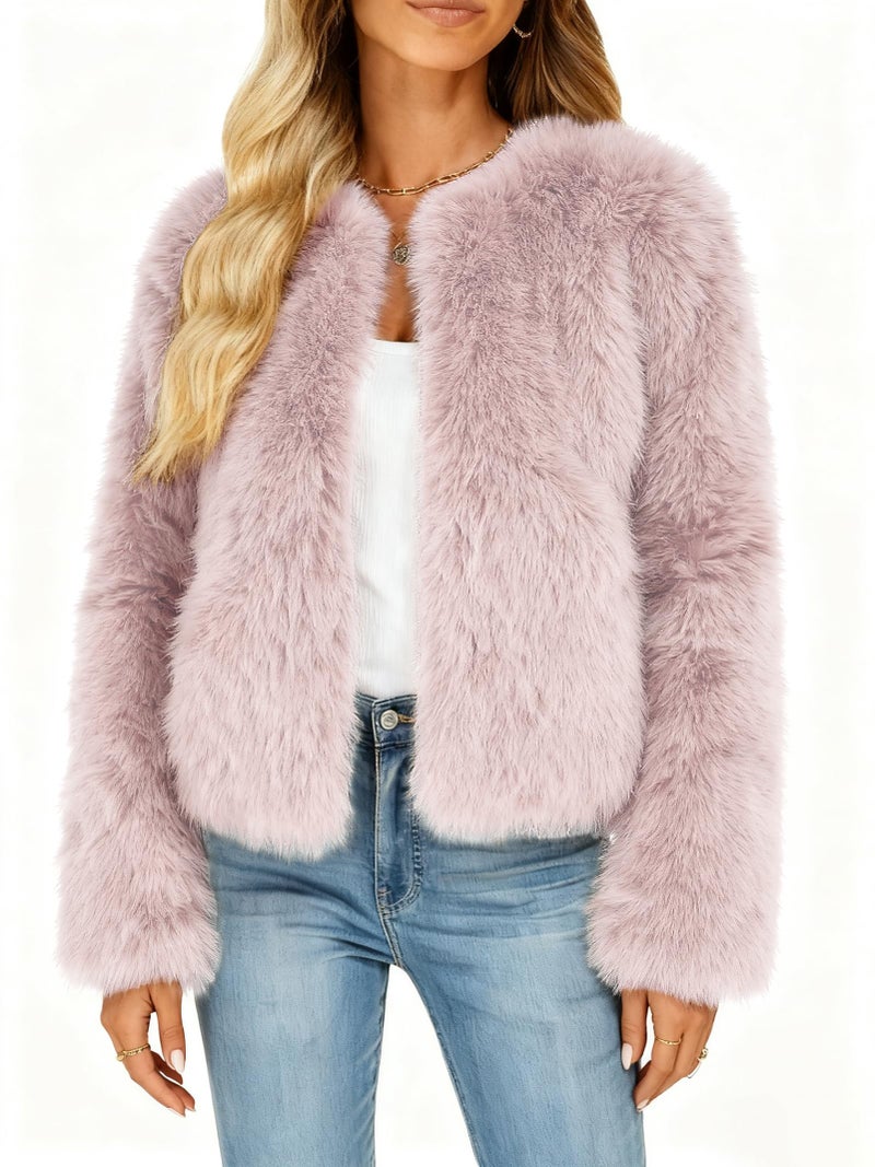 Funlingo Womens Winter Faux Fur Coat Warm Long Sleeve Zip Up Cropped Shaggy Jacket Trendy Cute Overcoat Pink S - Image 2