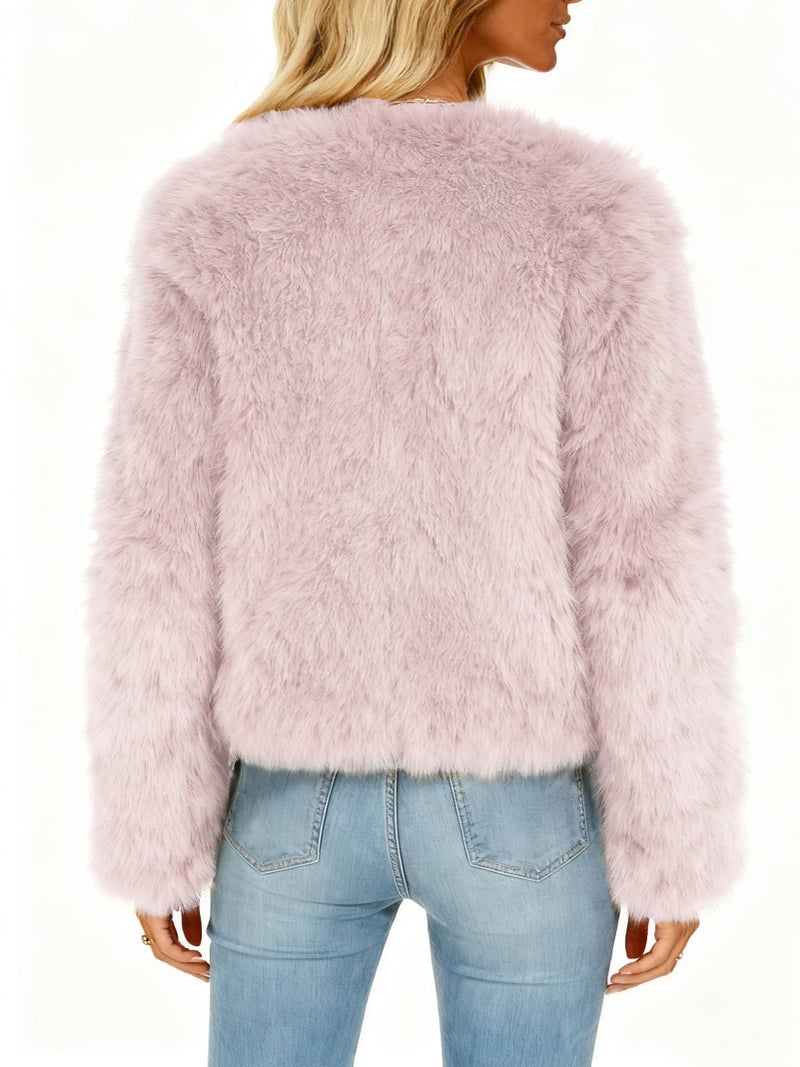 Funlingo Womens Winter Faux Fur Coat Warm Long Sleeve Zip Up Cropped Shaggy Jacket Trendy Cute Overcoat Pink S - Image 4