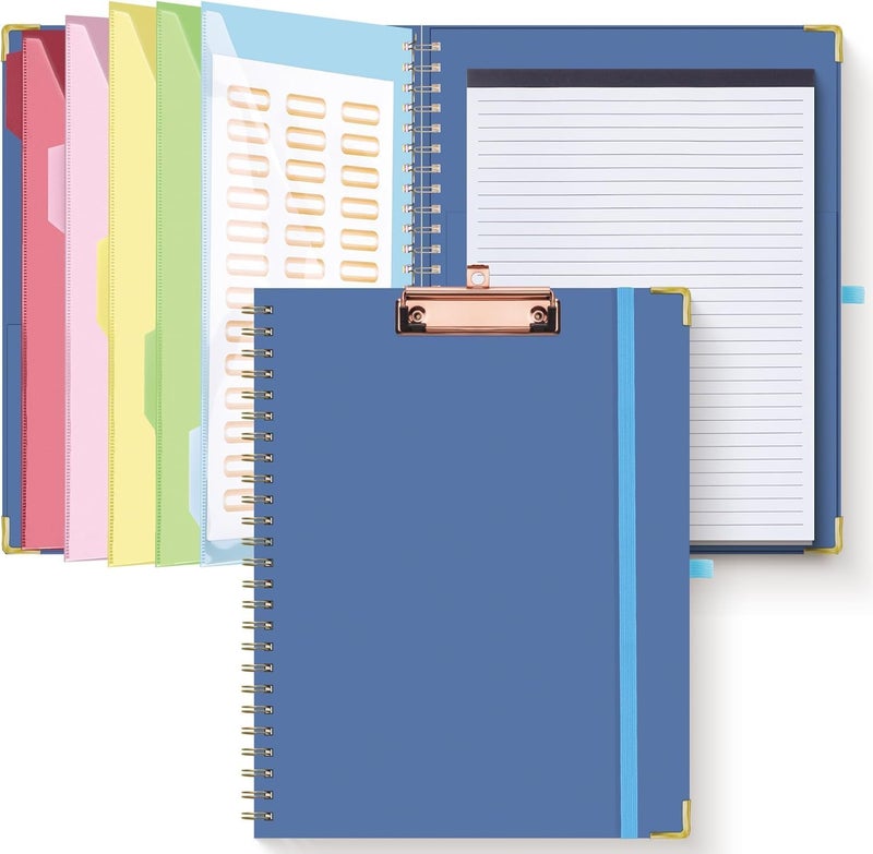 Hautoco Clipboard Folio with Refillable Lined Notepad for Letter Size (11" x 8.5"), 5 Dividers with 10 Pockets, Elastic Pen Holder and File Folder Labels, Spiral Nurse Clipboard Artboard(Dark Blue) - Image 1