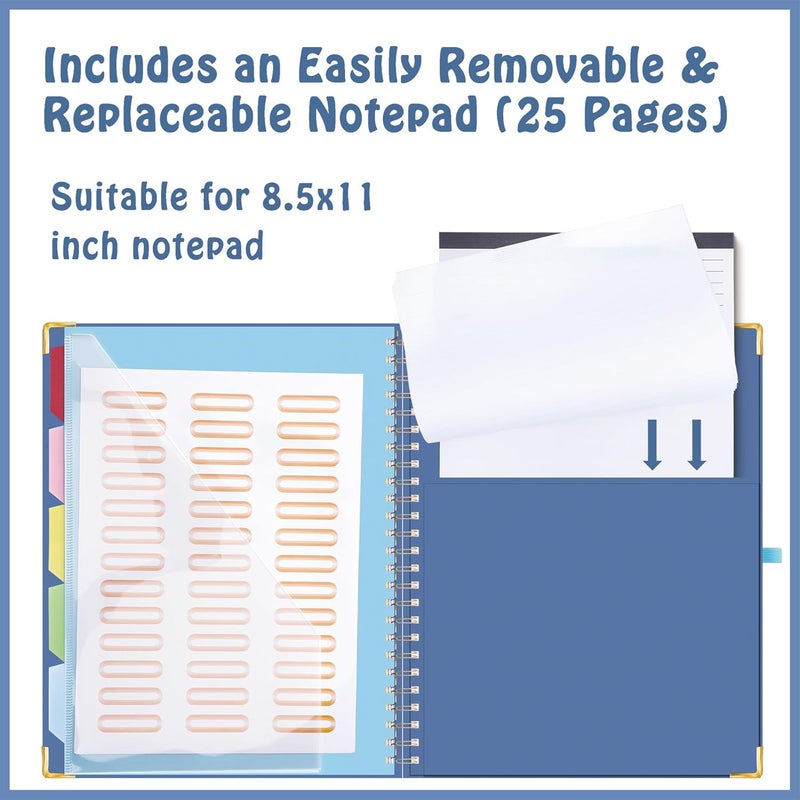 Hautoco Clipboard Folio with Refillable Lined Notepad for Letter Size (11" x 8.5"), 5 Dividers with 10 Pockets, Elastic Pen Holder and File Folder Labels, Spiral Nurse Clipboard Artboard(Dark Blue) - Image 3