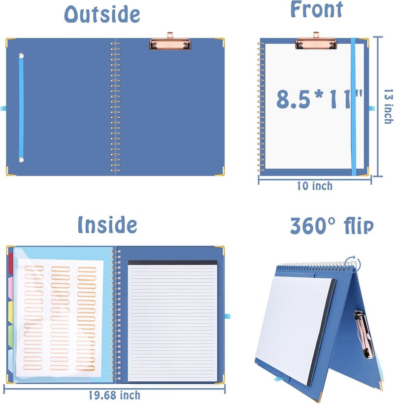 Hautoco Clipboard Folio with Refillable Lined Notepad for Letter Size (11" x 8.5"), 5 Dividers with 10 Pockets, Elastic Pen Holder and File Folder Labels, Spiral Nurse Clipboard Artboard(Dark Blue) - Image 2