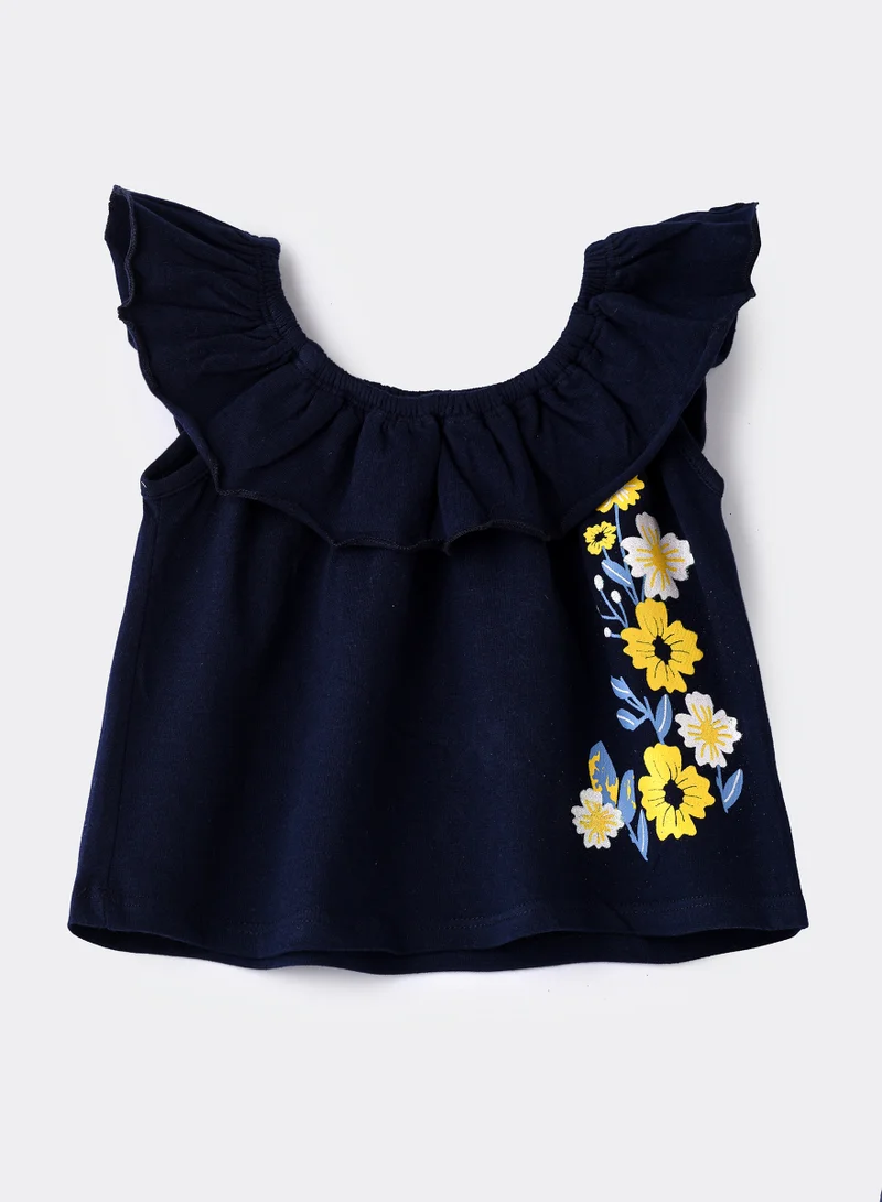 Jelliene Navy Blue Ruffled Cotton Top with Floral Embroidery for Infant Girls