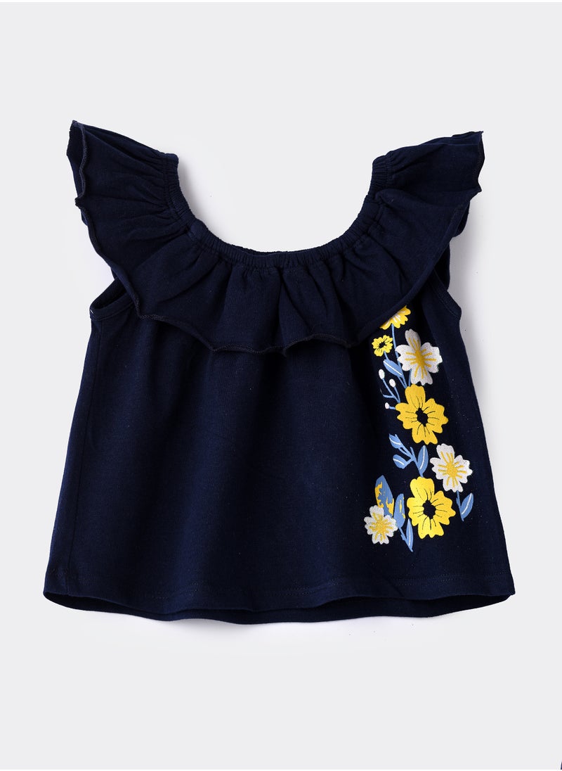 Jelliene Navy Blue Ruffled Cotton Top with Floral Embroidery for Infant Girls  - Image 1