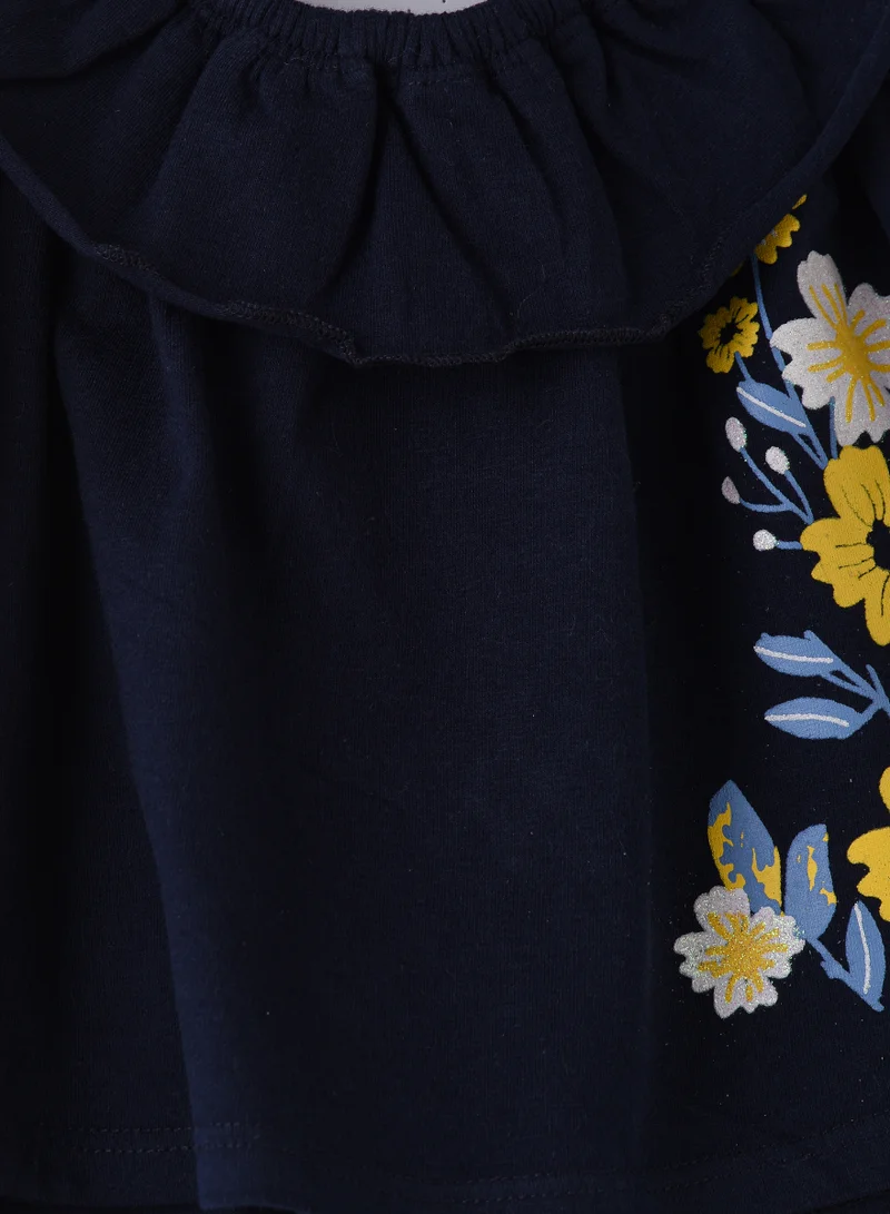 Jelliene Navy Blue Ruffled Cotton Top with Floral Embroidery for Infant Girls