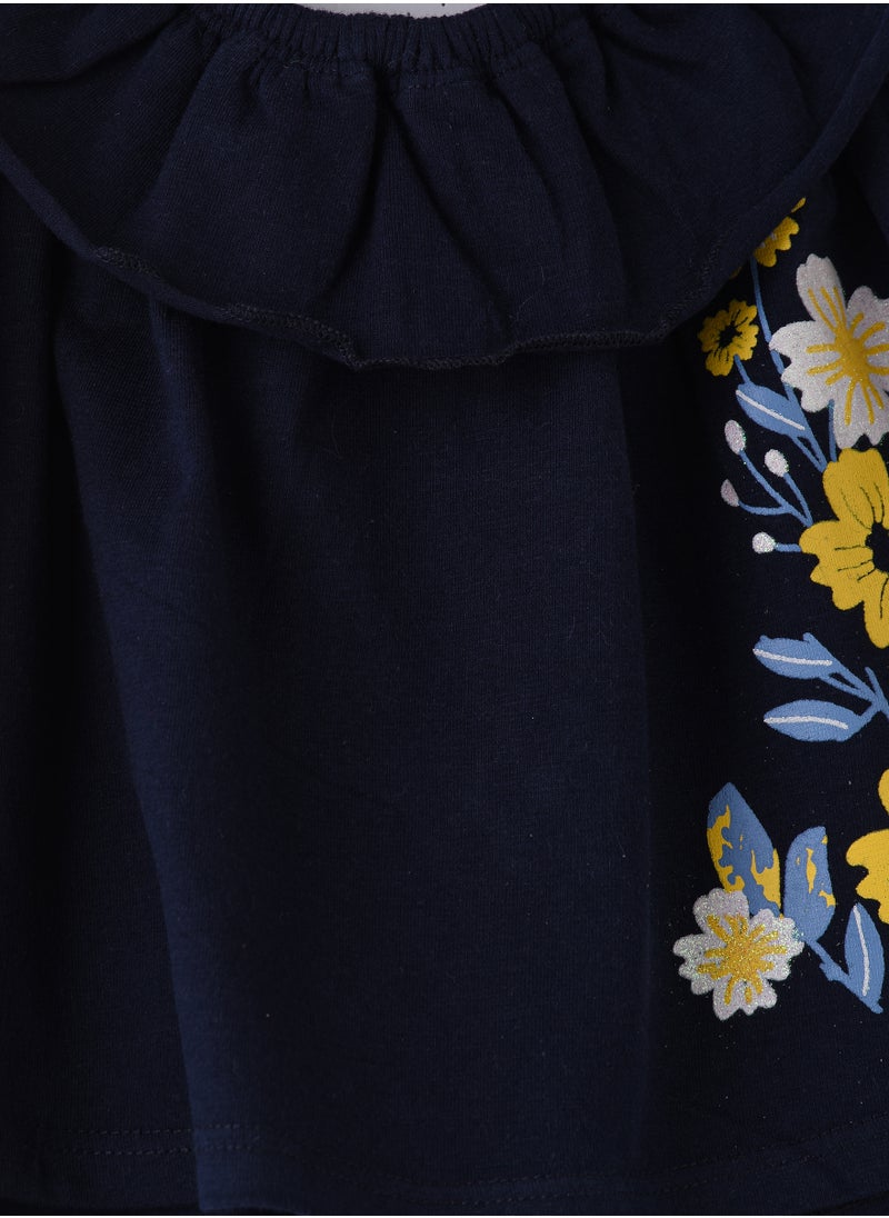 Jelliene Navy Blue Ruffled Cotton Top with Floral Embroidery for Infant Girls  - Image 3