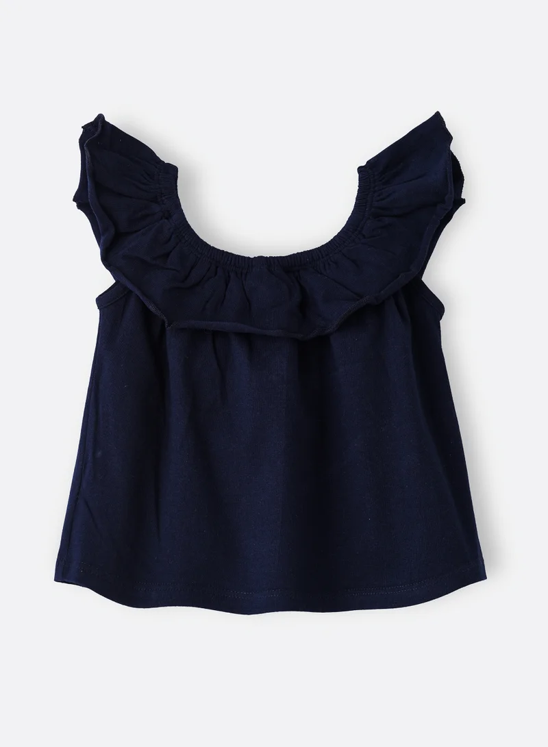 Jelliene Navy Blue Ruffled Cotton Top with Floral Embroidery for Infant Girls