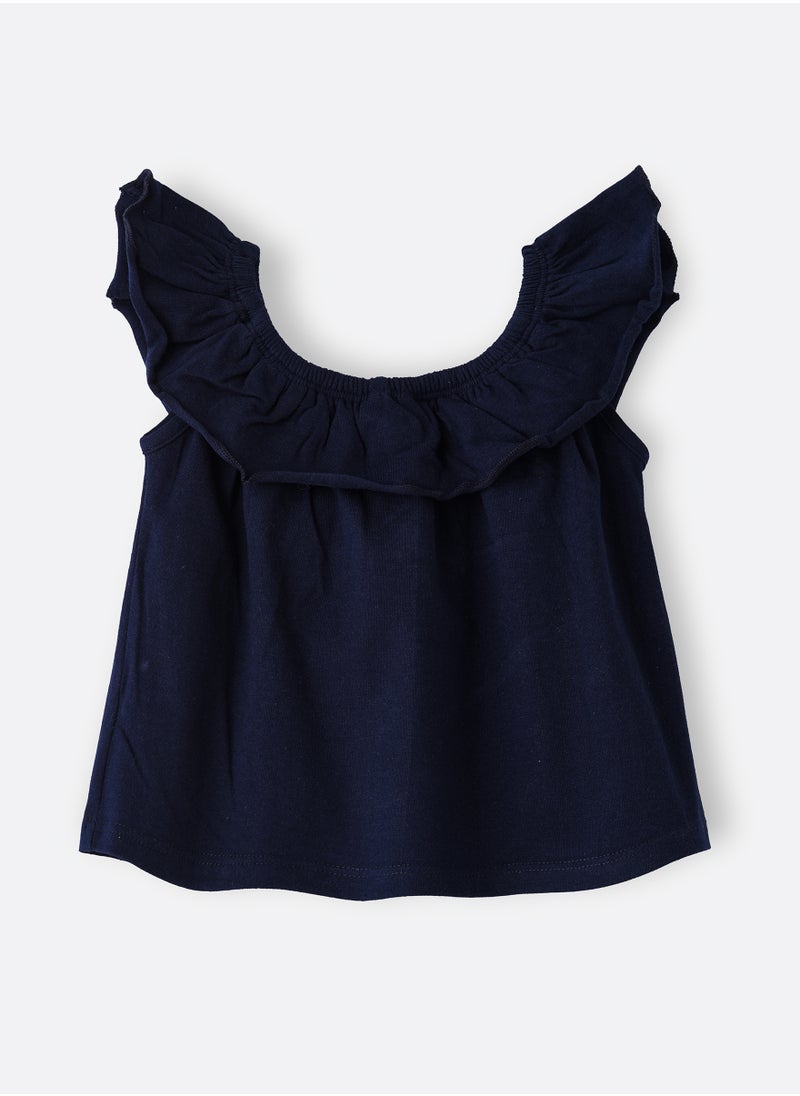 Jelliene Navy Blue Ruffled Cotton Top with Floral Embroidery for Infant Girls  - Image 2