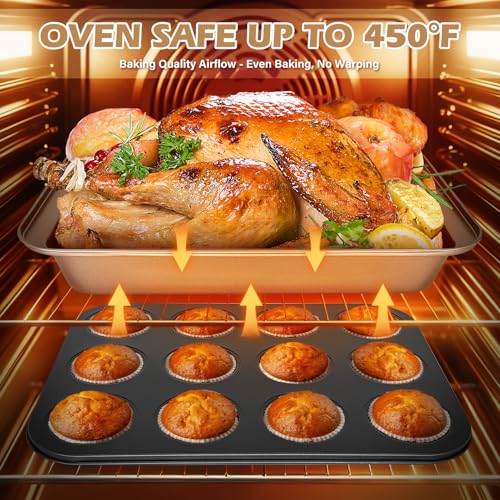 Dipanist 15pcs Nonstick Bakeware Set with Cooling Rack & Accessories, Baking Pan Set Includes Muffin Pan, Cake Pans, Loaf Pan, Baking Sheet, Measuring Cups & Tongs – Oven Safe Metal Bakeware for Home Baking - Image 4