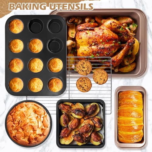 Dipanist 15pcs Nonstick Bakeware Set with Cooling Rack & Accessories, Baking Pan Set Includes Muffin Pan, Cake Pans, Loaf Pan, Baking Sheet, Measuring Cups & Tongs – Oven Safe Metal Bakeware for Home Baking - Image 3