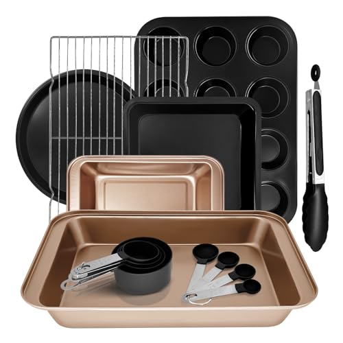 Dipanist 15pcs Nonstick Bakeware Set with Cooling Rack & Accessories, Baking Pan Set Includes Muffin Pan, Cake Pans, Loaf Pan, Baking Sheet, Measuring Cups & Tongs – Oven Safe Metal Bakeware for Home Baking - Image 1