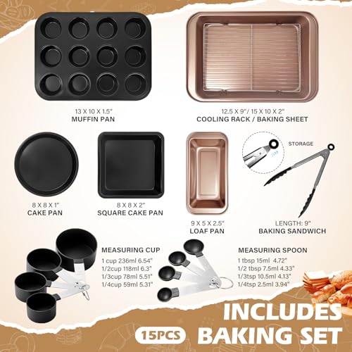 Dipanist 15pcs Nonstick Bakeware Set with Cooling Rack & Accessories, Baking Pan Set Includes Muffin Pan, Cake Pans, Loaf Pan, Baking Sheet, Measuring Cups & Tongs – Oven Safe Metal Bakeware for Home Baking - Image 2