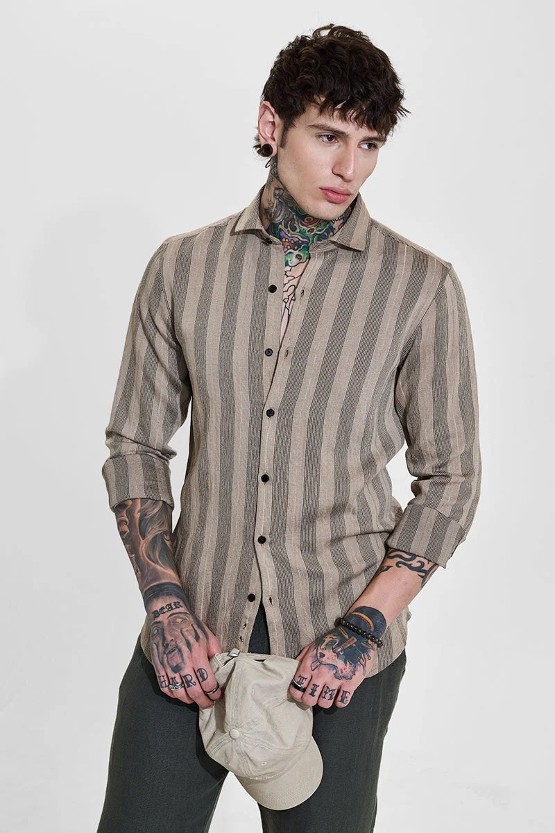 SNITCH Beige Stripes Slim Fit Shirt