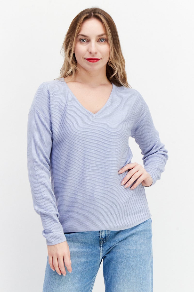 Zero Women V-Neck Long Sleeve Textured Sweater, Lilac - Image 1