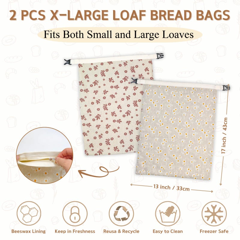 BYTTME 2 Pack Beeswax Bread Bags for Homemade Bread with Zipper, Large 13x17'' Reusable Beeswax Sourdough Bread Storage Bag, Keep Loaves Fresh Longer, Freezer Safe & Airtight, Natural, Zero Waste - Image 2