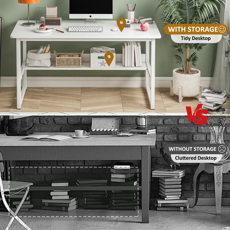 JOYSEUS Computer Desk with Shelf, Sturdy Steel Office Table & Gaming Desk, Rounded Corner Design, Scratch Resistant Waterproof Top (white) - Image 5