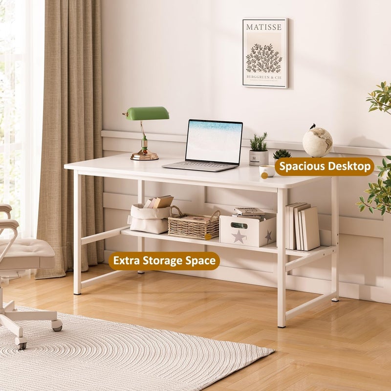 JOYSEUS Computer Desk with Shelf, Sturdy Steel Office Table & Gaming Desk, Rounded Corner Design, Scratch Resistant Waterproof Top (white) - Image 3