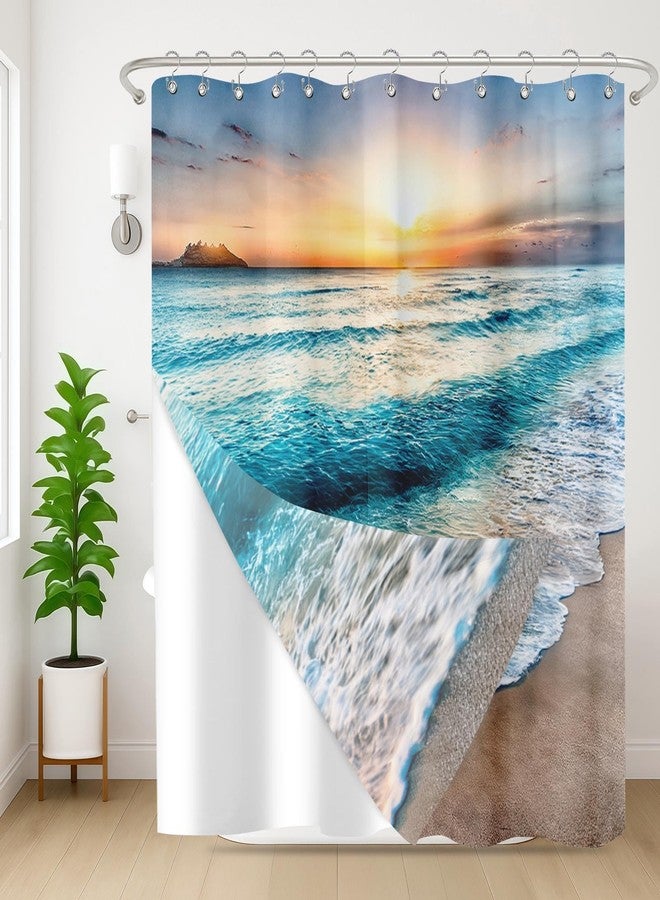 Nesphy Shower Curtain and Liner Set, Summer Beach Sea Ocean Shower Curtain and Liner with Double-Sided Stainless Steel Hooks, 3-in-1 Waterproof Fabric for Bathroom, 72x72 Inch - Image 1