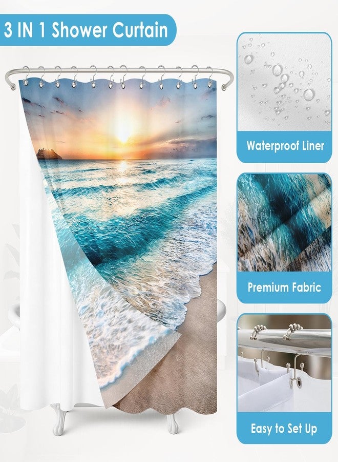 Nesphy Shower Curtain and Liner Set, Summer Beach Sea Ocean Shower Curtain and Liner with Double-Sided Stainless Steel Hooks, 3-in-1 Waterproof Fabric for Bathroom, 72x72 Inch - Image 5