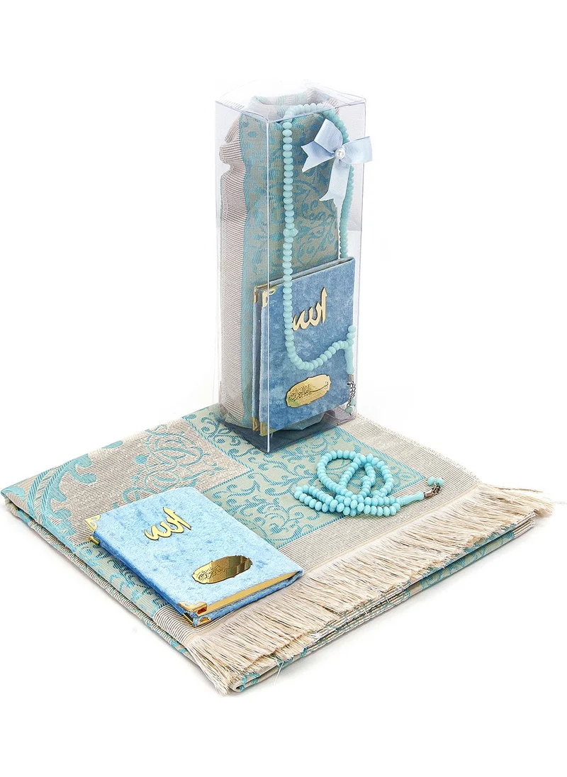 İhvan Online Pocket Size Velvet Yasin Book - Prayer Rug - Prayer Beads and Mawlid Gift with Transparent Box - Blue