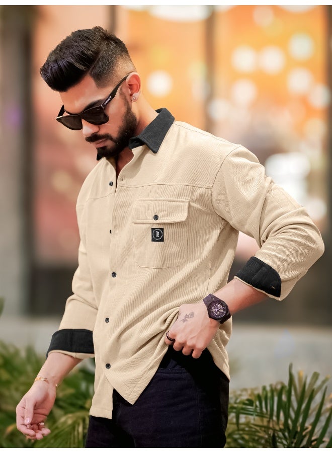 مانياك قميص رجالي قطن بأزرار وياقة، لون بسكويت وأسود - Image 5