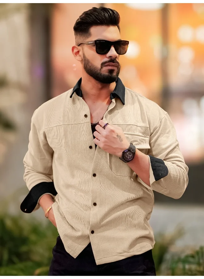 Maniac Maniac Mens Solid Collared Neck Full Sleeve Biscuit and Black Cotton Shirt