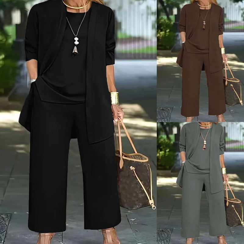 European and American Foreign Trade Cross-border Autumn and Winter All-match Solid Color Casual Commuter Trousers Long-sleeved Cardigan Jacket Vest Three-piece Set for Women Weight: 2xl 730g