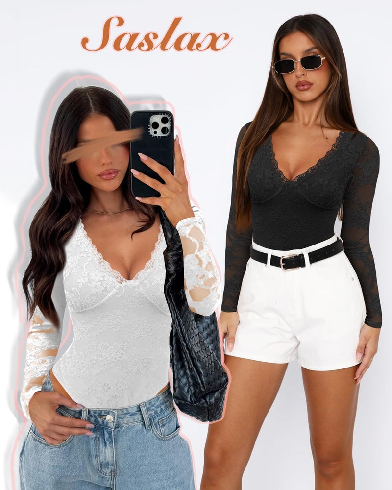 Saslax Women's Lace Bodysuit Sexy Deep V Neck Long Sleeve Body Suits Slim Fit Double Lined Y2K Going Out Tops Black M - Image 4