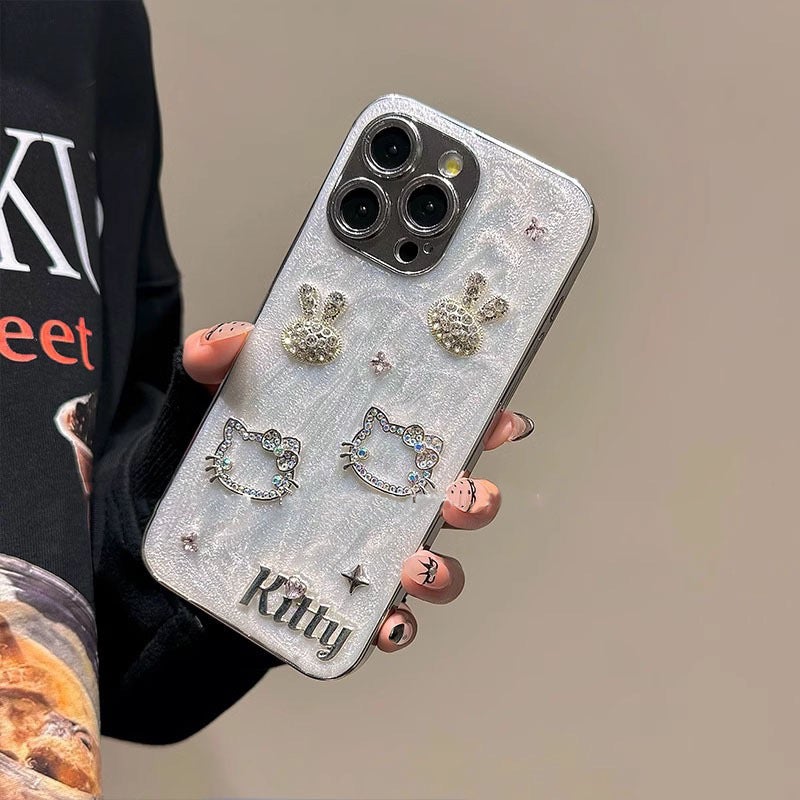 Ins Style Glue Flash Diamond Rabbit Kt Cat Mobile Phone Case Suitable for Apple 17Promax Accessible Luxury Iphone16Pro Female - Image 4